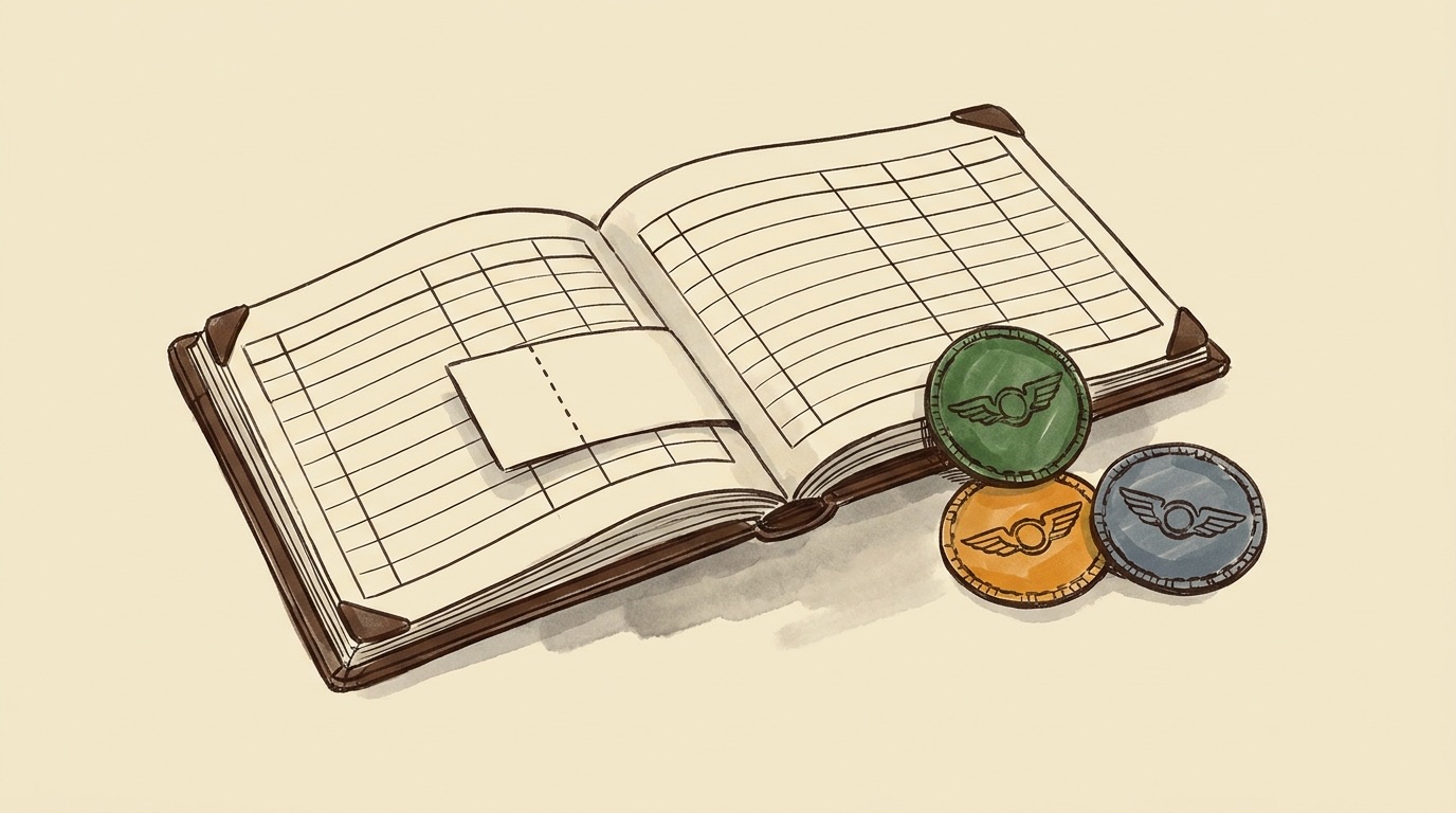 A pilot's logbook lying open with a boarding-pass stub between the pages, and three badge patches beside it